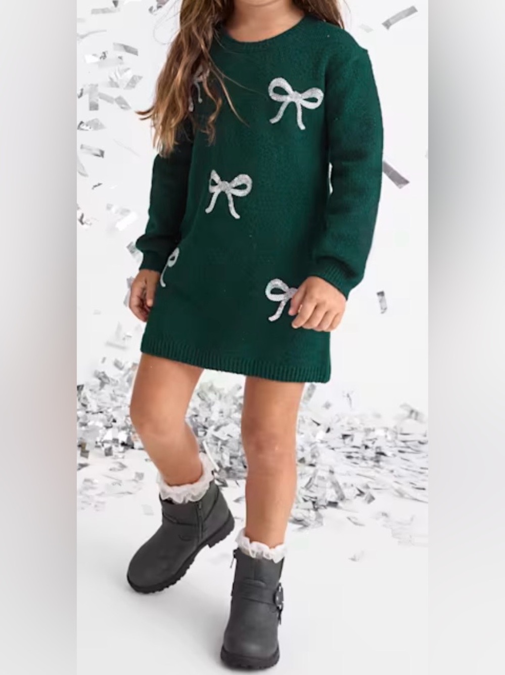 The Children's Place Girls 5T Green Long Sleeve Sequence Knit Sweater Dress Bows